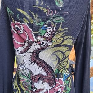#Y2K Black Graphic LIGHT Sweatshirt with Tiger and Floral Design,with pockets